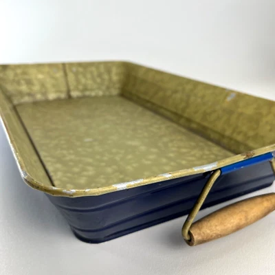 Galvanized Metal Tray Gold Blue Enamel 20 x 12 x 3 Vintage Farmhouse Wood Handle - Image 1 of 4