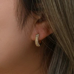 Dainty Zircon Huggies, Crystal Gold hoop earrings, Rounded Minimalist CZ Huggies - Picture 1 of 4