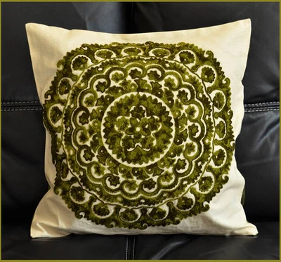 Cotton Silk Suzani Green Embroidery Hand Made Beige Pillow / Cushion Cover India - Image 1 of 4