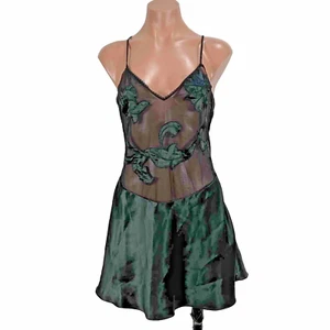 Vintage Josie by Natori Chemise Black Illusion Mesh Negligee Babydoll Satin sz M - Picture 1 of 10