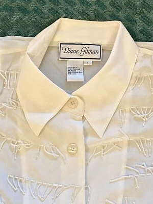 Blusa vintage con flecos Diane Gilman marfil con cuentas talla L 100 % seda nueva con etiquetas Foto 1 de 4