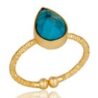 Yellow Texture Ring With Adjustable Band Gold Plated Pear Turquoise Stone Rings