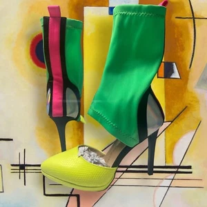 Neon Azalea Wang Your Body On Mine Stiletto Stretch Nylon Bootie Heels Size 7 - Picture 1 of 11