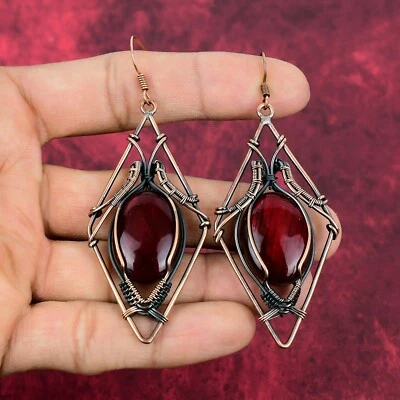 Red Fire Labradorite Gemstone Earrings Copper Wire Wrapped Jewelry Gifts For Her - Image 1 of 4