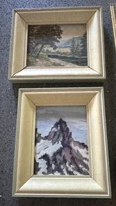 2 kleine Vintage Original Ölgemälde Snowy Mountain Oregon Landschaft signiert - Bild 1 von 11