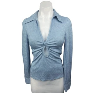 Zara Blue Metallic Ruched Keyhole V-neck Collar Long Sleeve Blouse Top Size XS - Picture 1 of 9