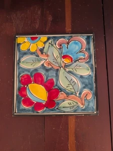 Vintage Italian Ceramic Wall Art Tile Plaque Flowers & Leaves Brightly Colored  - Picture 1 of 23