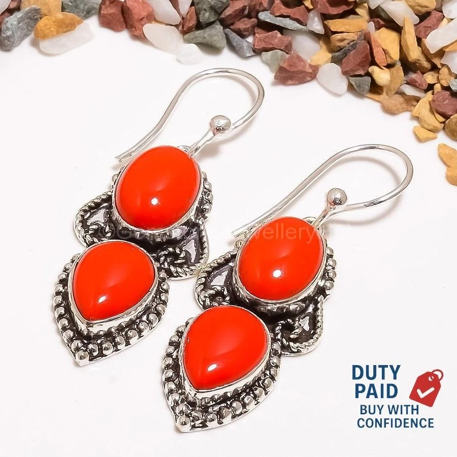 Oferta de Año Nuevo Pendientes Colgantes de Coral Rojo Italiano Genuino Plata de Ley Foto 1 de 4
