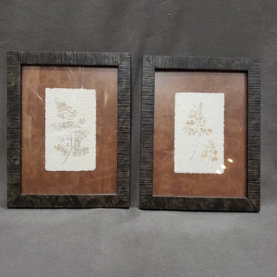Pressed Flower Wall Art Pair Framed Botanical Handmade Paper Rustic Cottage - Image 1 of 4