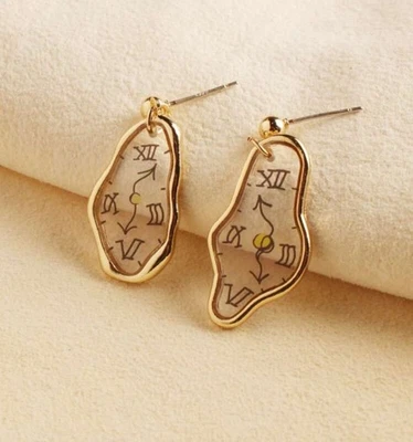Elegant Melting Gold Clock Drop Earrings Abstract Salvador Dalí Fashion Jewelry - Image 1 of 3