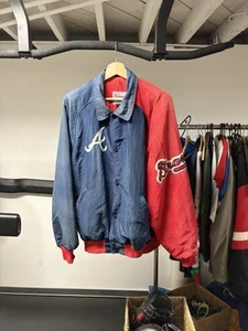 Vintage Atlanta Braves MLB Starter Jacket Mens L Navy Red Embroidered Lined - Picture 1 of 3