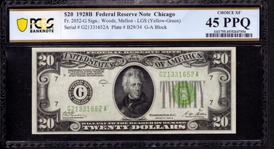 1928 B $20 FEDERAL RESERVE NOTE CHICAGO FR.2052-G LGS PCGS B CHOICE XF EF 45 PPQ - Image 1 of 2