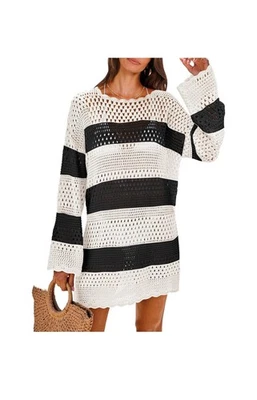 Swim Cover Up Womens XL Black white Crochet Fisherman BOHO Beach Dress new - Image 1 of 4