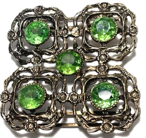 Vintage großer quadratischer Metallgürtel zum Binden Schnalle mit grünen Strasssteinen 4" x 4" - Bild 1 von 5