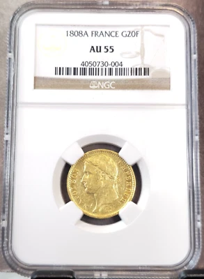 1808 FRANCIA ORO 20 FRANCOS EMPERADOR NAPOLEÓN BONAPARTE NGC AU 55 HERMOSA MONEDA Foto 1 de 3