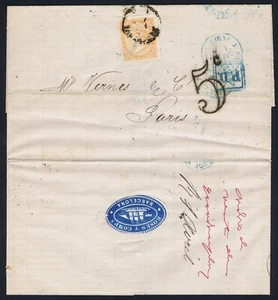 Spain 1868 12c Fine Used Barcelona to Paris superb SHIP wafer seal - Picture 1 of 2