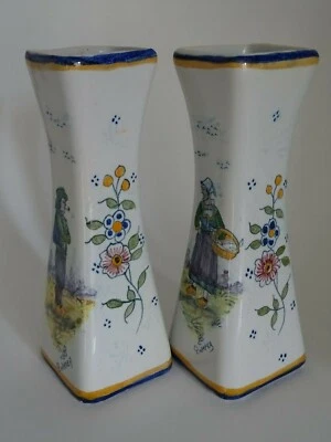 VINTAGE TWO AMAZING VASES CERAMIC HB QUIMPER FRANCE COUPLE BRETON Height: 6,90" - Image 1 of 4