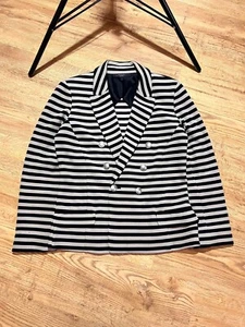 Max Mara Striped Double-Breasted Blazer Jacket Black Beige Women's Size L - Picture 1 of 9