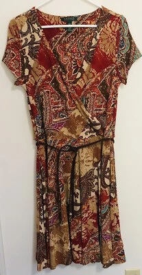 LAUREN RALPH LAUREN Slinky Stretch Fall Paisley Faux Wrap Belted Dress Size L - Image 1 of 4