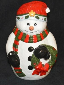  Snowman with Wreath Christmas Cookie Candy Fudge Jar Ceramic 10" Tall  - Picture 1 of 12
