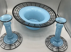 Art Deco 3 piece console Blue glass Black trim Imperial Westmoreland - Picture 1 of 4