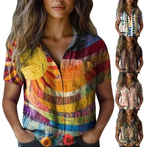 Summer Women Printed T Shirt Button Casual Collared Tops Short Sleeve Blouse - Picture 1 of 32