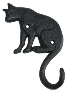 Cat Wall Hook Cast Iron Coat Hanger Black Rustic Home Garden Décor Tail Hook - Picture 1 of 5