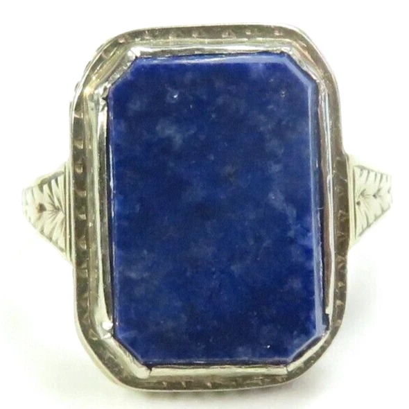 Antique 1920's Lapis Lazuli 13K White Gold Engraved Ring Size 5 UK-J1/2 Art Deco - Image 1 of 4