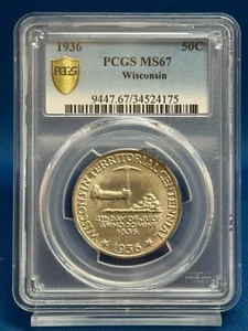 1936 Wisconsin Half Dollar PCGS MS67 Brilliant Gem Commemorative - Picture 1 of 4