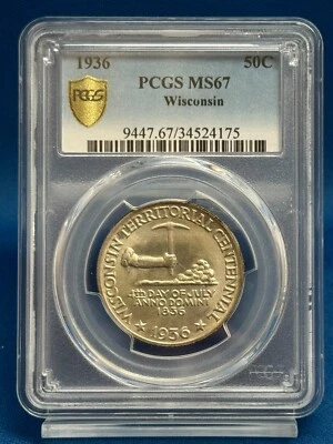 1936 Wisconsin Half Dollar PCGS MS67 Brilliant Gem Commemorative - Image 1 of 4