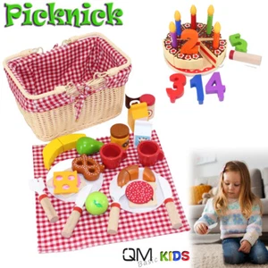 Kinder Küche Holz Zubehör Picknick Set Korb Teller Besteck Speisen Kuchen Torte - Bild 1 von 14