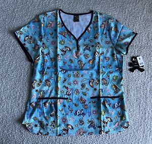 Koi Tokidoki Scrub Top Women’s Large Eve Alpha Blue Shirt Nursing Medical