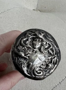 Antique Sterling silver Repousse Glass Vanity Powder Bottle. Art Nouveau Maiden - Picture 1 of 24