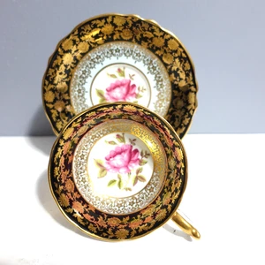 Paragon Pink Cabbage Rose Teacup And Saucer Black And Gold - Picture 1 of 11