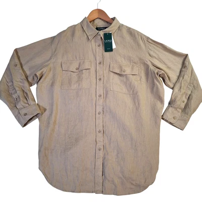 Camisa Lauren Ralph Lauren Mujer 1X Tostada 100% Lino Botón Delantero Manga Larga Foto 1 de 4