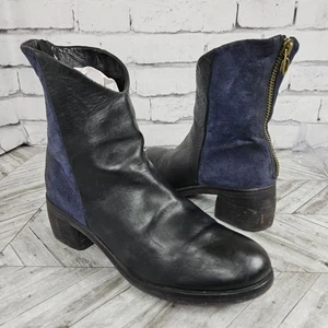 P MONJO ANKLE BOOTS Womens 40 US 8.5 Black Blue Leather Booties Zip Chunky Heel - Picture 1 of 20