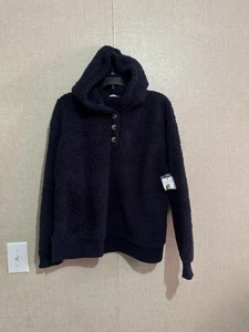 Sonoma Women’s Faux Fur Navy Blue Hooded 3 Button Pullover Sz Medium - Picture 1 of 6