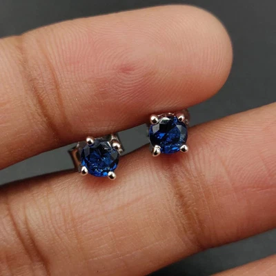 3mm Round Cut Simulated Sapphire 14k White Gold Plated Women's Stud Earring #01 - Image 1 of 4