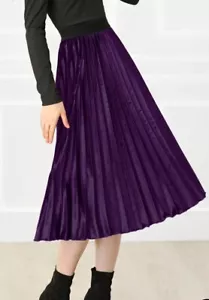 Women's Allegra K Purple High Elastic Waist Velvet Pleated Midi Skirt Sz Medium - Picture 1 of 15