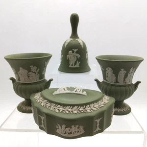 Wedgwood Sage Green Jasper Ware Bundle X4 items -Trinket Box, Bell & 2 Urn Vases - Picture 1 of 24