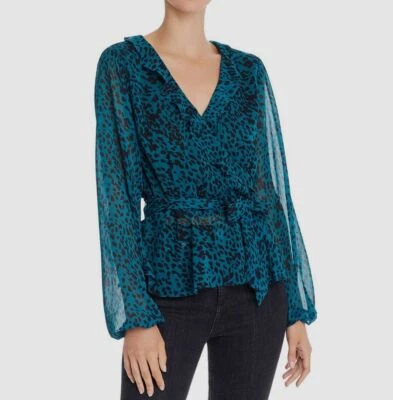 $175 Aqua женщин зеленый черный печать чистый длинным рукавом v-образным вырезом блузка верхний размер XS - Изображение 1 из 2