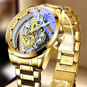 Hollow Skeleton Luxury Men's Automatic Quartz Stainless Steel Watch Business UK - Picture 1 of 18