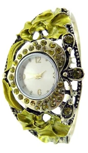 Vintage Green Enamel Floral Bangle Watch Heart Shaped Dial - Picture 1 of 1