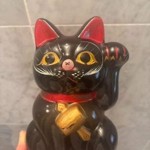 Vintage Black Maneki Neko – 20cm Ceramic Lucky Cat with Golden Mallet - Picture 1 of 12
