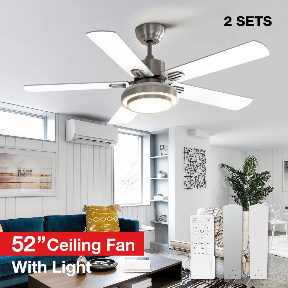 Warmiplanet Ceiling Fan With LED Light and Remote Control 52 Inch Brushed Nic...