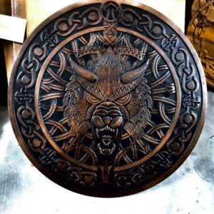 Shield Viking Carving Wooden Medieval Norse Round Battle 24 Carved Wood Ornament - Picture 1 of 11