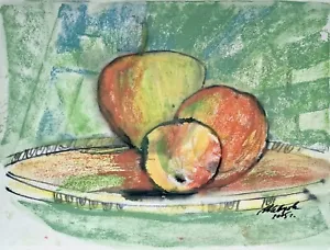 ORIGINAL Pasteles Pintura sobre Papel FIRMADO por Artista Naturaleza Muerta Manzanas - Imagen 1 de 2