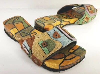 BOHO Artist Slide  Sandals 39/ 8-8.5 Multicolored Abstract Suede w Wood Soles - Image 1 of 4
