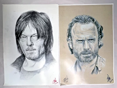 Walking Dead Pencil Portrait Art Prints Signed 13"x19" Daryl Dixon Rick Grimes - Image 1 of 4