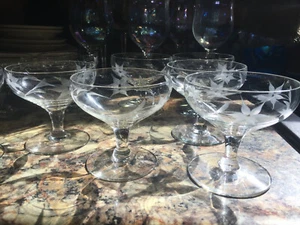 8 Etched Flower Floral Dessert Sherbet Coupe Champagne Vintage Glasses 3-3/8" - Picture 1 of 7